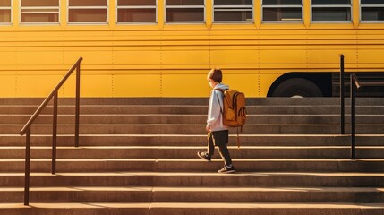 student with large yellow backpack, in front of a school bus going up the stairs to school, back to school day