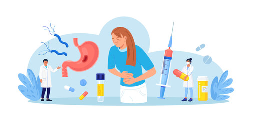 Helicobacter pylori infection. Bacterium with flagella damage stomach tissue. Digestive tract diseases, gastritis. Doctor gastroenterologist inspecting stomach, intestine microflora. Gastroenterology