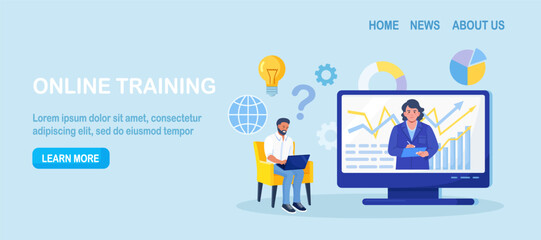Coach speaking before man online. Mentor presenting charts and reports. Webinar, video conference. Employee meeting at business training, seminar, courses. Internet presentation, lecture