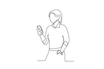 A businesswoman holding a mobile phone. Businesswoman one-line drawing