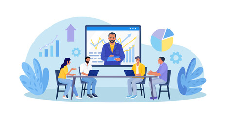 Coach speaking before business people online. Mentor presenting charts and reports. Webinar, video conference. Employees meeting at business training, seminar, courses. Internet presentation, lecture