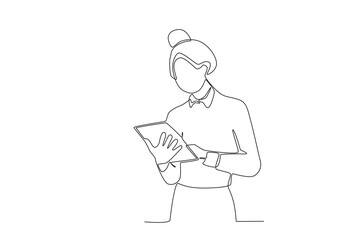 A businesswoman studies office documents. Businesswoman one-line drawing