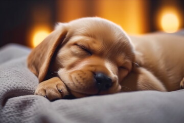 Headshot of sleeping puppy. Two month old puppy sleeping on blanket