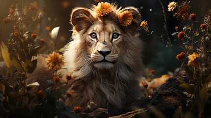 Cute lion with floral collection AI, Generative AI, Gene