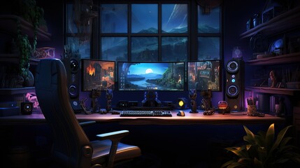 Obraz premium Detailed gamer room illustration AI, Generative AI, Generative