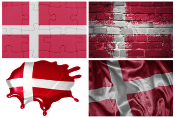 national colorful realistic flag of denmark in different styles and with different textures on the white background.collage
