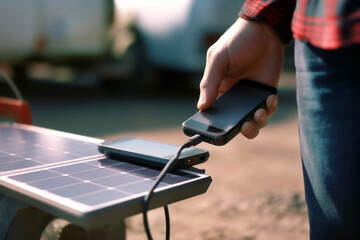 Concept of modern technologies and power bank. Smartphone in the hands of a man charged from a portable solar charger. Modern gadgets powered by renewable energy. Sustainable technologies for ecology