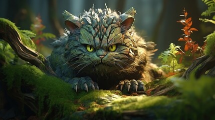 Cute monster cat on fantasy forest landscape AI, Generative AI, Generative
