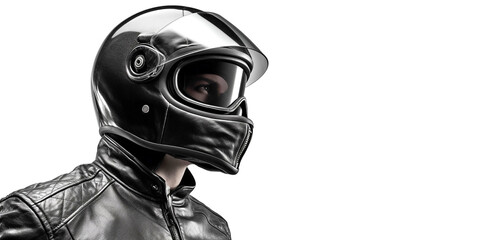 Portrait of a motorcyclist in a matching suit and helmet, close-up and against an isolated white background. Generative AI