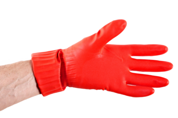 Hand in red rubber glove isolated on white