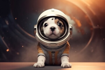 Puppy astronaut in a space suit. Little dog with black eyes, a lovely, sweet animal, small nose. Colorful. Photo realistic, concept art, cinematic light