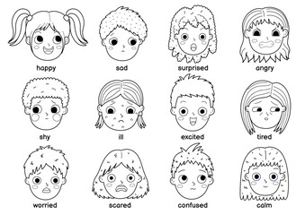 Kids emotions black and white set in cartoon style. Cute boys and girls face expressions collection. Emotional intellect coloring page. Vector illustration