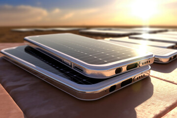 Concept of modern technologies and power bank. Portable solar cell for nature excursions. Modern gadgets powered by renewable energy. Sustainable technologies for ecology. Close up