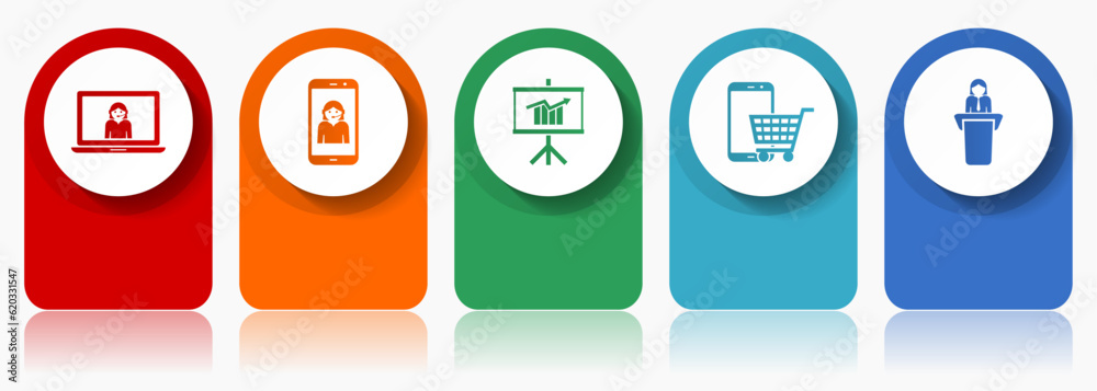 Poster online store icon set, miscellaneous vector icons such as customer service, seminar, cart and learni