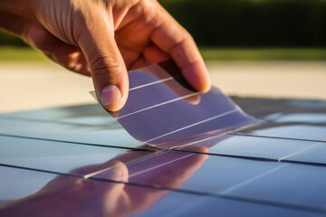 The concept of modern technology. A man holds a flexible solar cell battery in his hand. Modern gadgets powered by renewable energy. Sustainable technologies for ecology. Close up. - obrazy, fototapety, plakaty