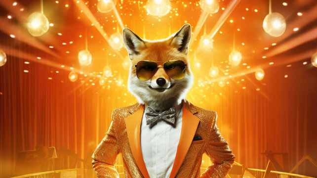 Advertising portrait, banner, beautiful fox in suit and disco atmosphere around, on colorful background