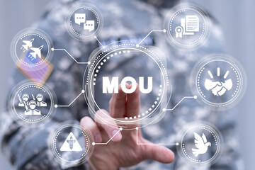 Soldier using virtual touch screen presses abbreviation: MOU. Military concept of Memorandum Of...