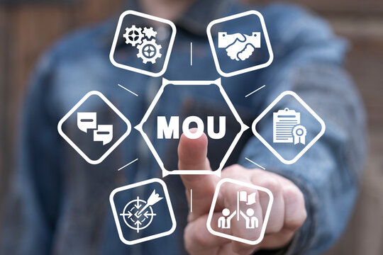 Man using virtual touch screen presses abbreviation: MOU. Business concept of Memorandum Of Understanding (MOU). MOU Memorandum Of Understanding - type of agreement between two or more parties.