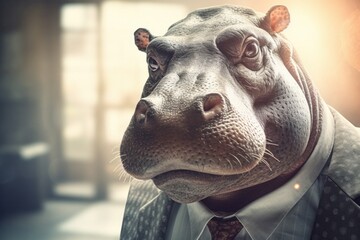 Anthropomorphic Hippo dressed in a suit like a businessman. Business Concept. AI generated, human enhanced