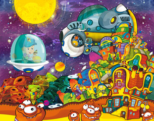 Cartoon funny colorful scene of cosmos galactic alien ufo isolated illustration for children