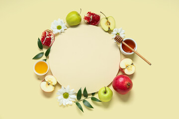 Composition with blank card, fresh fruits, honey and flowers on color background. Rosh hashanah (Jewish New Year) celebration
