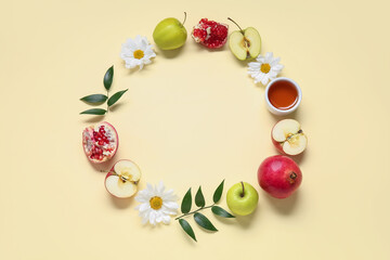 Frame made of fresh fruits, honey and flowers on color background. Rosh hashanah (Jewish New Year) celebration