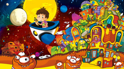 Cartoon funny colorful scene of cosmos galactic alien ufo isolated illustration for children