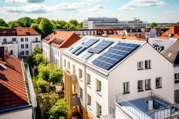 Fototapeta premium Modern house with solar panels. View of a beautiful white house with solar panels in a European city. Energy tax credits and green financing concept. Sustainable technologies for ecology. Copy space