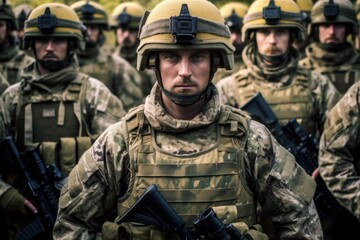 Portrait of a European army soldier in the ranks with selective focus. AI generated, human enhanced