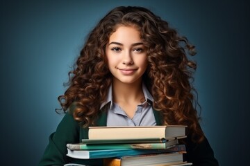Student girl with books in the library. Back To School concept. Background with selective focus