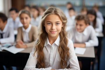 A girl of white Caucasian appearance in the classroom. Back To School concept. Background with selective focus