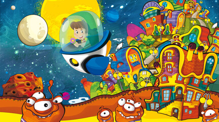 Cartoon funny colorful scene of cosmos galactic alien ufo isolated illustration for children