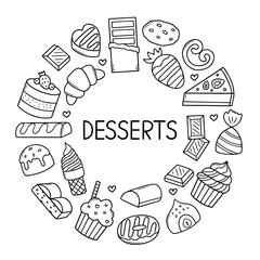 Desserts and sweets doodle set. Candies, chocolate, cakes, donut, ice cream in sketch style. Hand drawn vector illustration isolated on white background