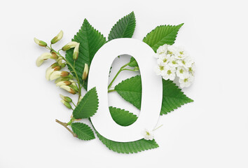 Green leaves and flowers with paper number zero on white background