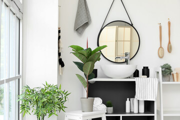 Interior of light bathroom with sink bowl, bath accessories and shelving units