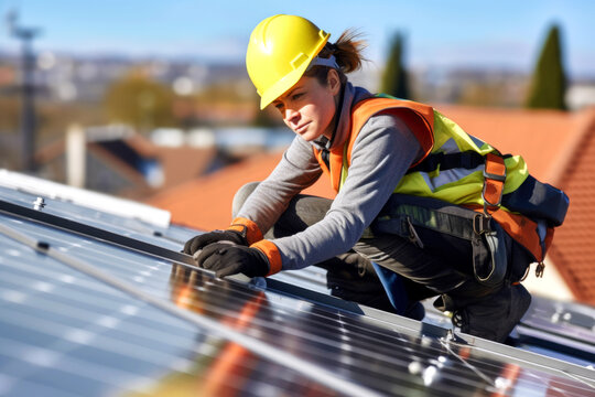 Female worker technician in work clothes, helmet and with a tool installs solar panels on the roof of a modern house on a sunny day. Sustainable technologies for ecology