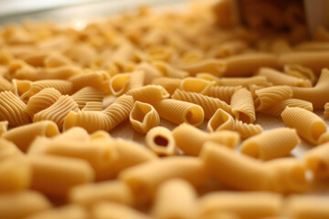 close-up of raw yellow pasta with visible details. background or texture. Generative AI