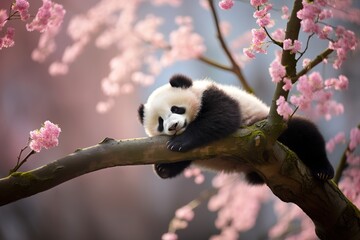 Obraz premium Baby panda sleeping on a tree branch of cherry blossom tree