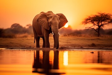 Golden sunset with amazing African Elephant drinking water on a pond in Savanna