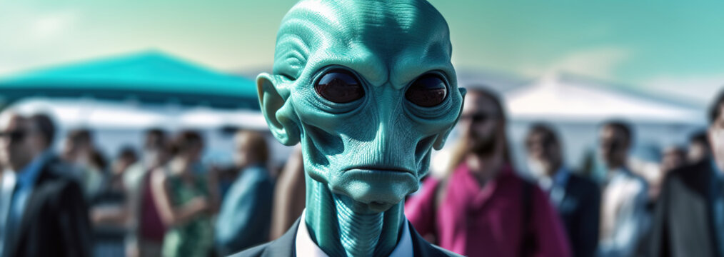 Alien headshot in business suit walking in outdoors public event
