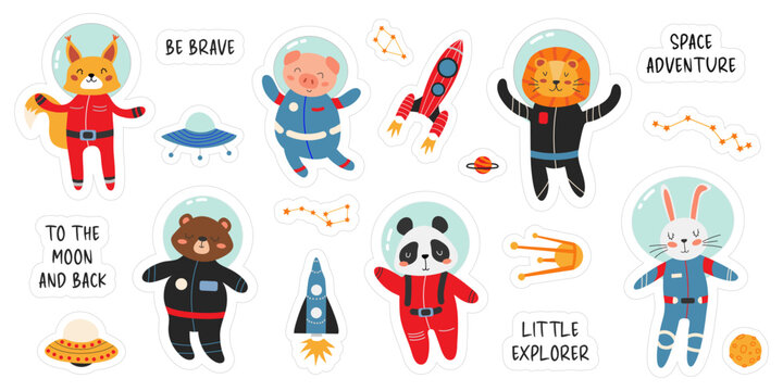 Set of space animal stickers. Cute animals in spacesuits. Panda, lion, rabbit, bear, squirrel and piggy, rockets, UFOs, constellations, planets. Adventure vector sticker set. Children's illustration, 