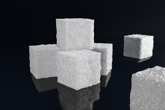 White sugar cubes on reflective black background. Illustration of the concept of sugar industry and sugar commodity prices