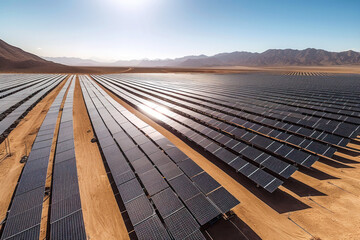 View of a solar farm with rows of solar panels. The use of solar energy in large-scale projects