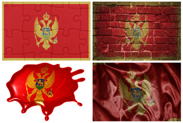 national colorful realistic flag of montenegro in different styles and with different textures on the white background.collage