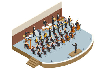 Isometric Symphony Orchestra. Symphonic string orchestra performing on stage and playing a classical music concert with conductor on theatre