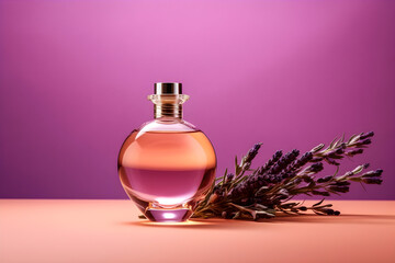 Obraz na płótnie Canvas perfume bottle on mauve background with flowers with space for text, generative ai