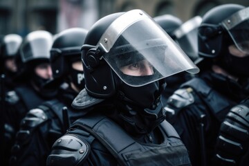 police in full gear on the street. police in hardhats, hard hats and body armor fighting against protests or riots.Generative AI - obrazy, fototapety, plakaty