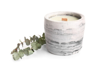 Holder with candle and eucalyptus on white background