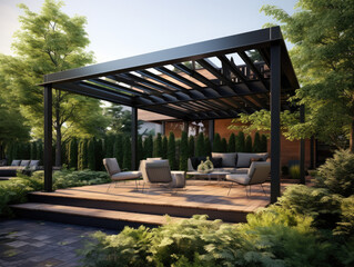 Cozy patio area with garden furniture, 3d render - Powered by Adobe