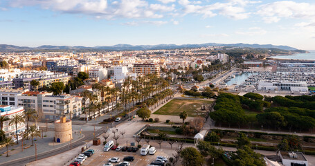 Fototapeta premium Panoramic view of the city center and sea port at Vilanova i la Geltru, province of Barcelona, Catalonia, Spain